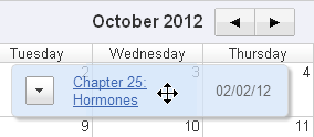 Shows the month of October 2012 on the calendar, with an assignment dated 02/02/12 being dragged to that month. 