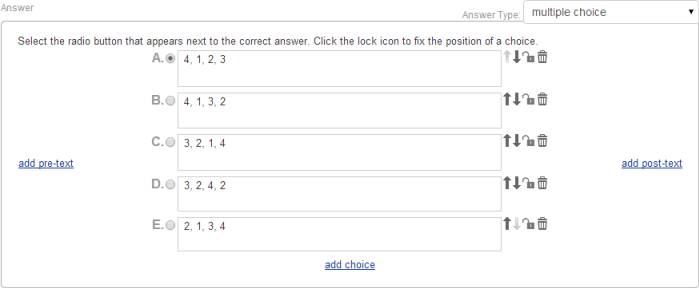 Answer box with 5 filled-in answer choices and option links to add pre-text, post-text, and add choice