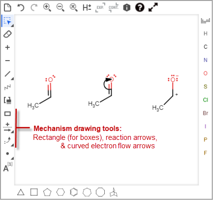 Drawing tools for mechanism questions are located on the bottom half of the toolbar on the left. Use these tools to draw boxes and add reaction arrows.