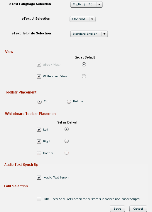 eText language and feature settings