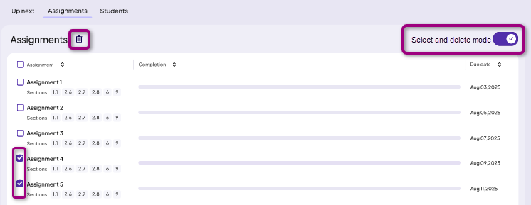 The Select to delete toggle with enabled check boxes.