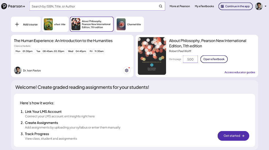 Pearson+ showing the welcome message and the Get started button.
