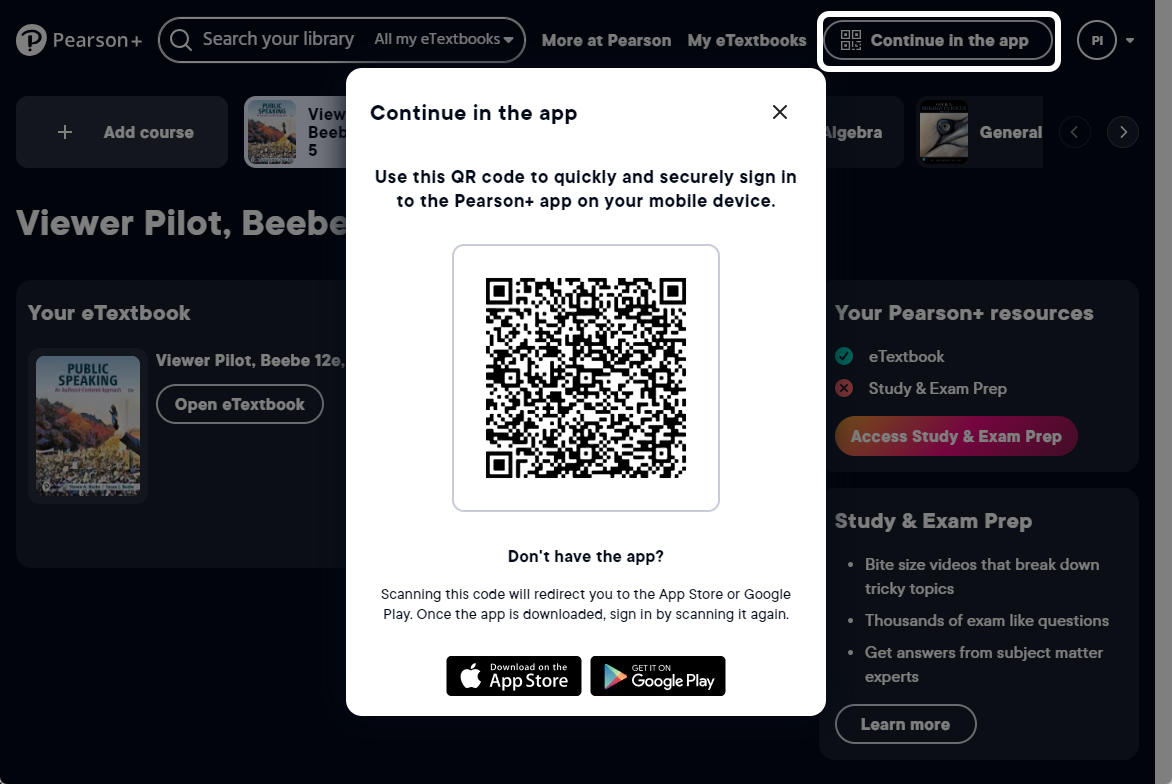 the continue in the app button with an open QR code