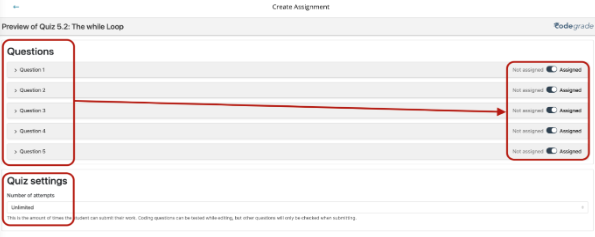 The CodeGrade screen with the Not assigned and Assigned toggle options.