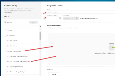 The assignment details page where you create, rename, and assign due dates.