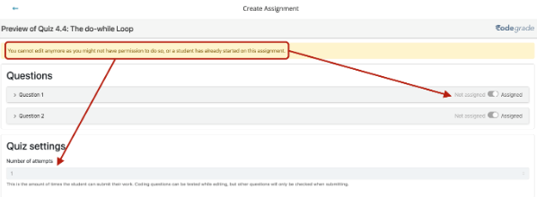 The CodeGrade screen with the number of attempts setting.