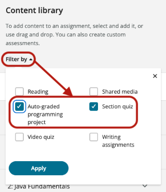 The content library and filter options.