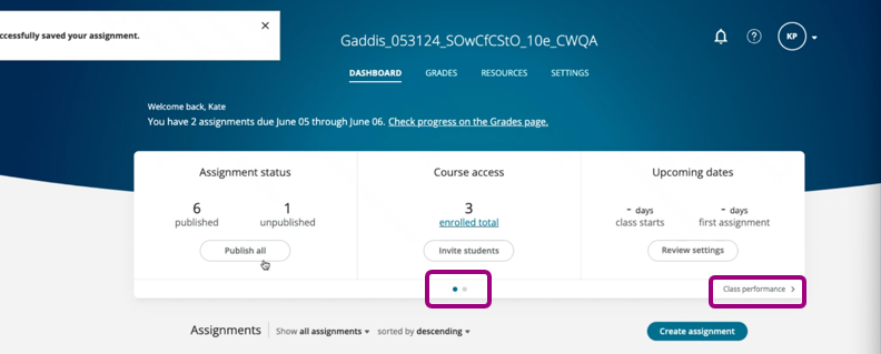The Dashboard Course Setup view.