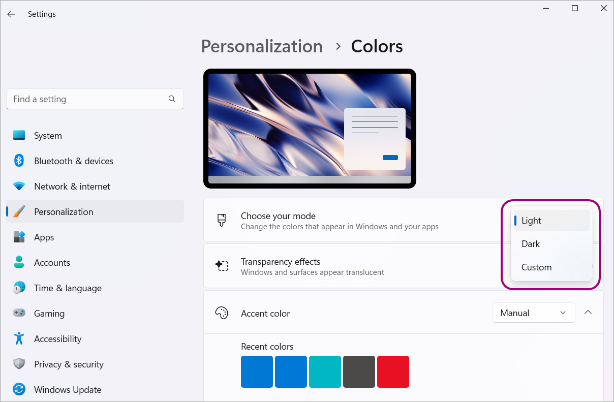 The color mode options.