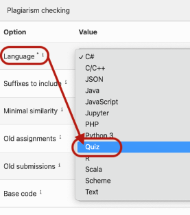 The plagiarism tab with the language field highlighted.