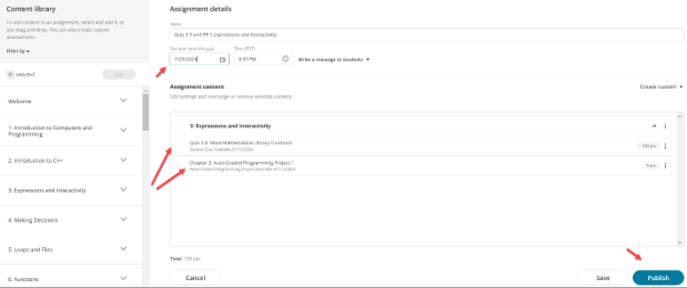 The content library, the due date field, and the Publish button.