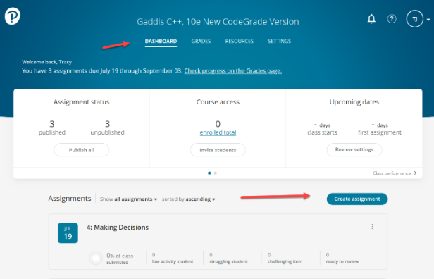The Dashboard and the Create assignment button.