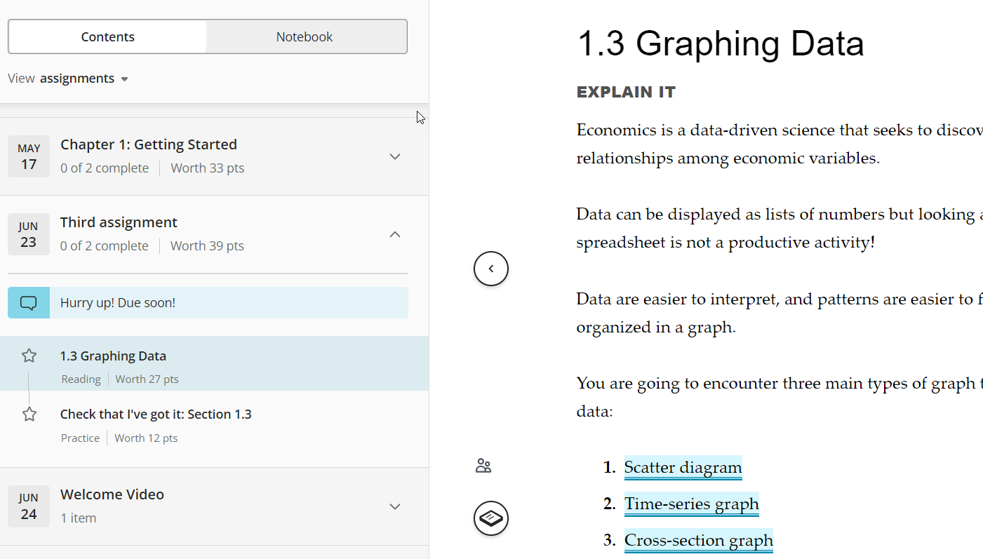 Image shows open course materials, wth the course content and notebook in a panel on the left and text on the right.