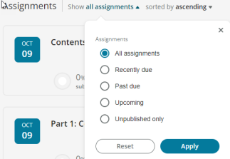 Dropdown list showing assignment filter options
