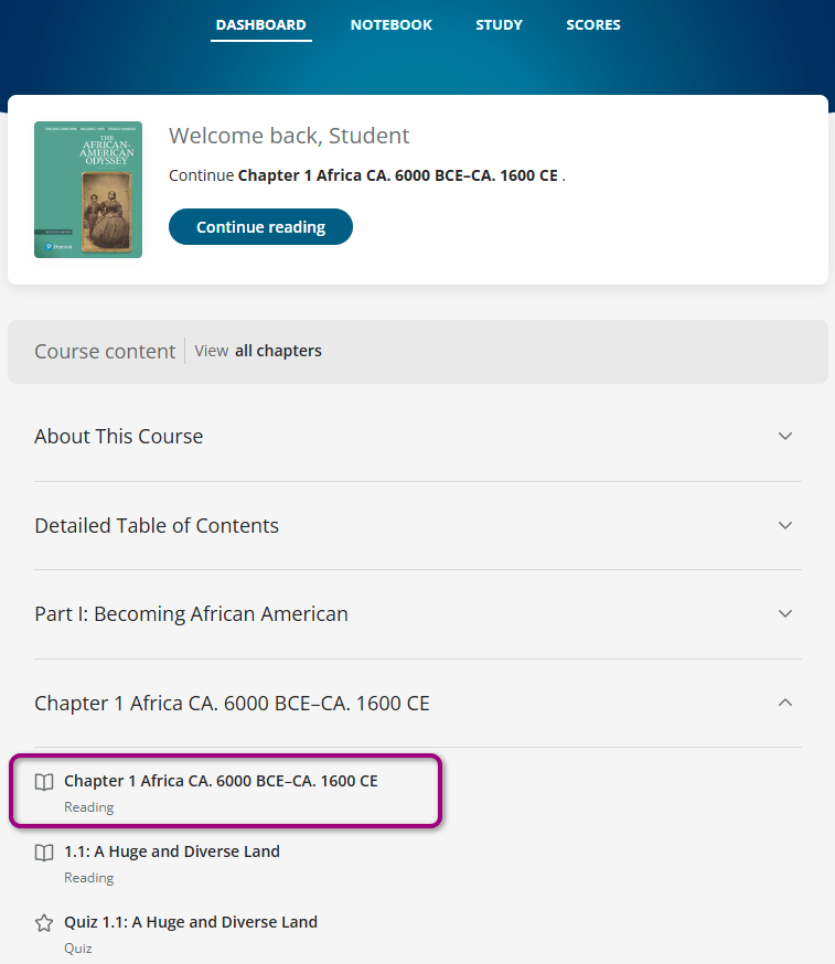 The Dashboard with a reading assignment selected.