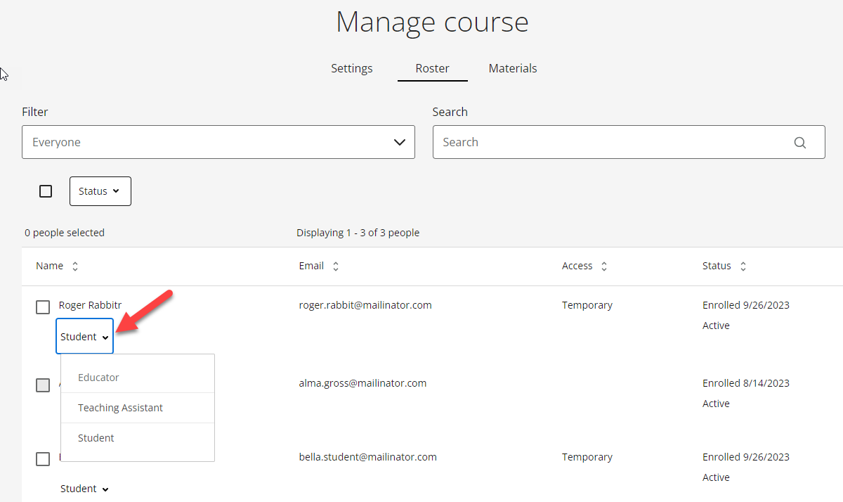 Manage course > Roster page as it appears from My courses.  Role dropdown appears, showing Educator, Teaching Assistant, and Student roles