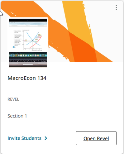 The My courses page, showing one course card.  The Open Revel button appears in the lower right corner of the course card.