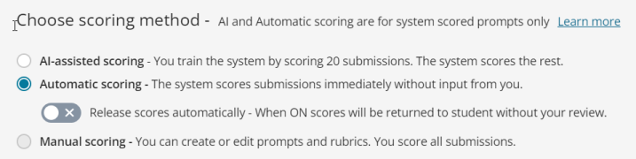 Image shows scoring options for writing assignments.  The options are AI-assisted scoring, automatic scoring, and manual scoring.