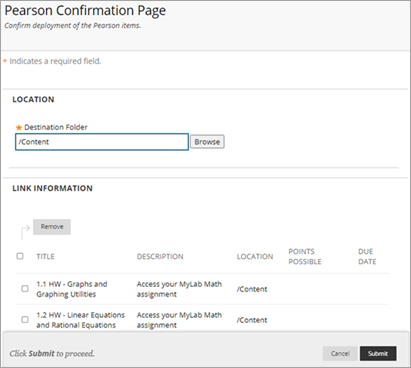 Screenshot of the Pearson Confirmation Page with the Destination Folder under LOCATION, links, and Submit button