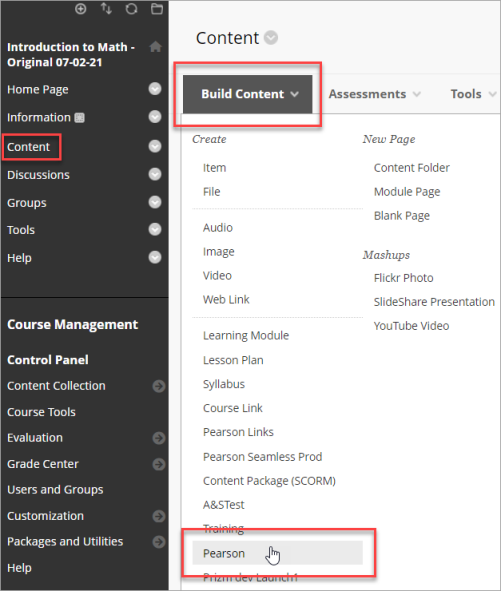 Screenshot of the Build Content menu