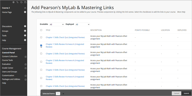 Screenshot of the Add Pearson's MyLab & Mastering Links page