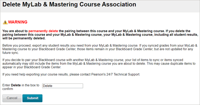 Delete MyLab & Mastering Course Association page