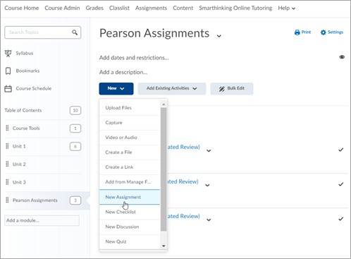 Screenshot of Pearson Assignments