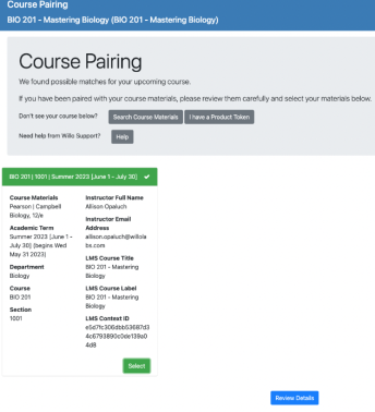 Course Pairing page