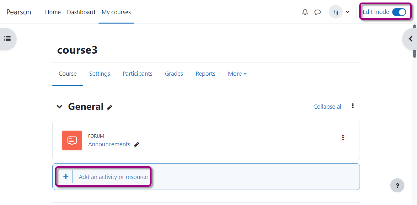 Moodle course home page.