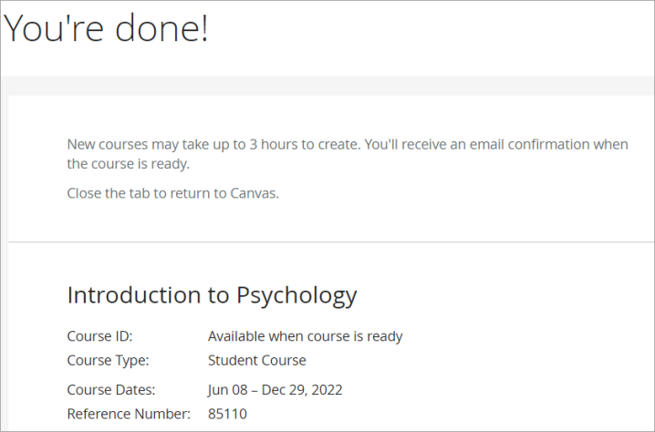 Screenshot of confirmation with course details
