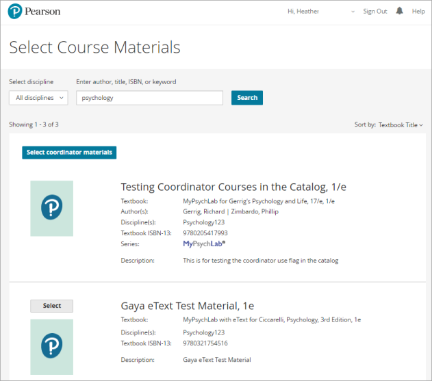 Screenshot of the Select Course Materials page