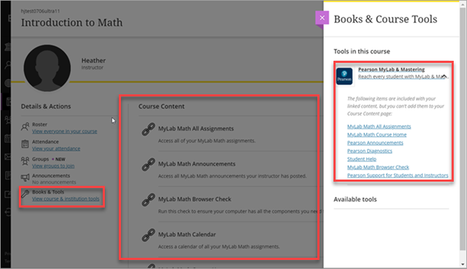 Course Content and Books & Course Tools for the Blackboard Original experience