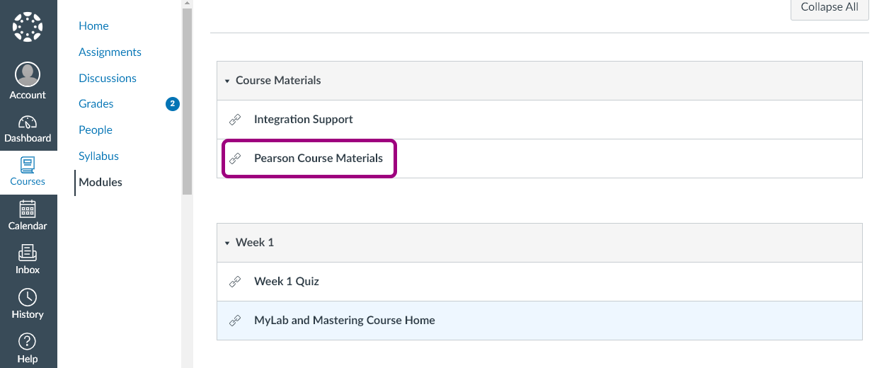Pearson Course Materials link in Canvas