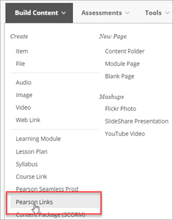 Pearson Links option in the Build Content menu