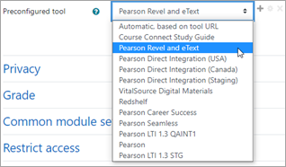 Pearson Revel and eText option in Preconfigured tool list