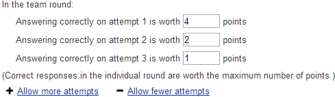 Team round window showing 3 rounds; first round is worth 4 ponits, second 2, third 1