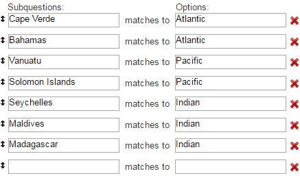 Enter subquestions and options. Options can repeat