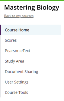 Student menu that contains options for Course Home, Scores, Pearson eText, Study Area, Document Sharing, User Settings, and Course Tools