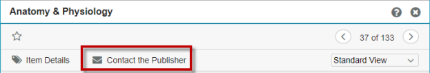 The Contact the Publisher link is located near the top of the Item View page with these other controls, from left to right: Item Type, Difficulty, Time, Contact the Publisher link, Manage this Item dropdown menu.