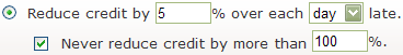 Shows an example with these options selected and these values supplied: Reduce credit by 5% over each day late. Never reduce credit by more than 100%.