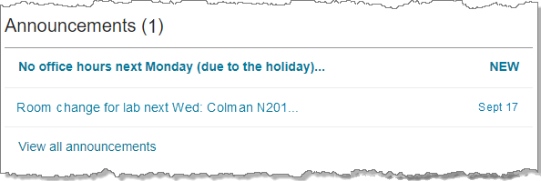 Announcements area of Course Home (image)