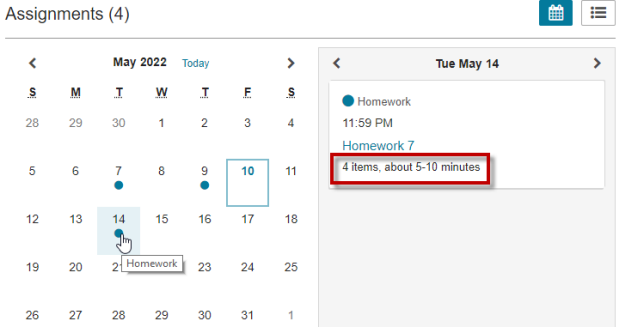 calendar view with selected assignment that says 4 items, about 5-10 minutes 