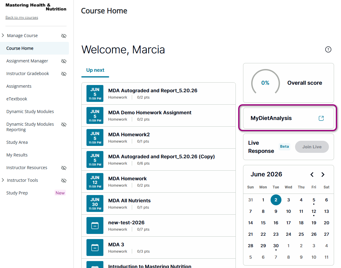 The Course Home page showing the MyDietAnalysis link.