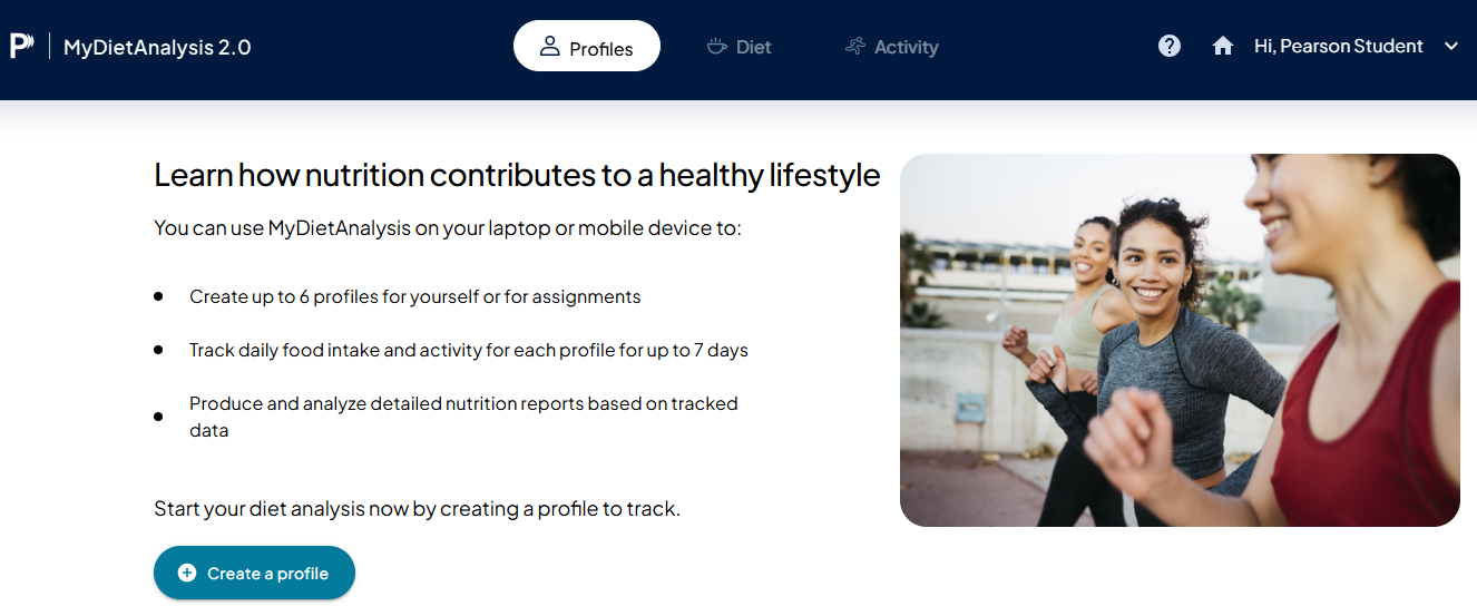 The MyDietAnalysis application showing the Profiles page.