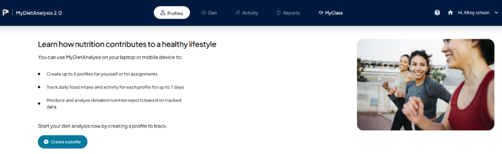 The MyDietAnalysis application showing the Profiles page.