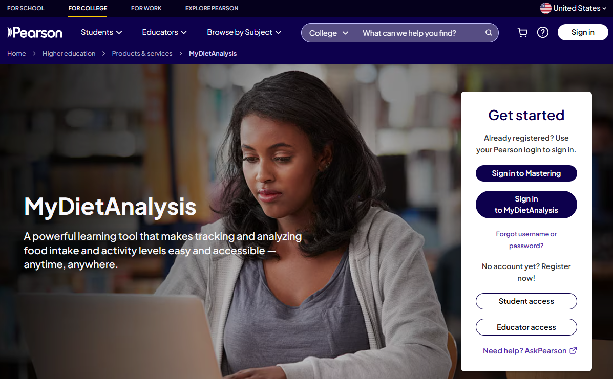 Pearson MyDietAnalysis page showing the Sign in to Mastering button.