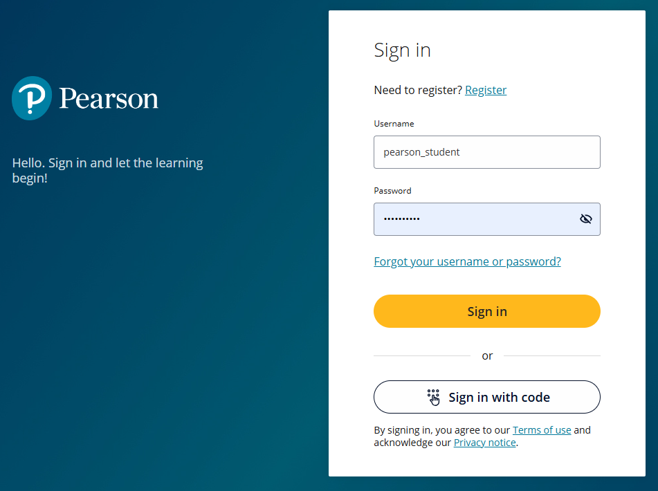 Pearson sign-in page showing username and password fields, the Sign in button, and the Sign in with code button.