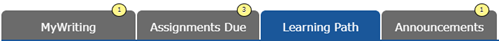 Tab pages at top of course home--writing, assignments due, learning path, and announcements