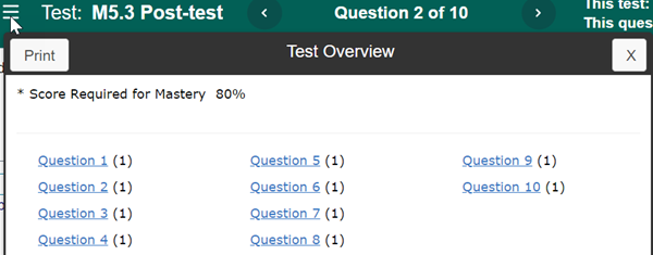 The Test Overview menu and dropdown
