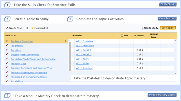The Activities page can have 2, 3, or 4 steps. Step 1, take an assessment or skills check; Step 2, select a topic to work on; Step 3, complete a topic activity; Step 4, take an assessment to see if you mastered the module.